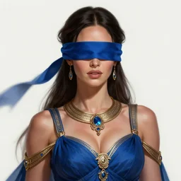 portrait of megan fox blindfolded, muscular upper body, collar, greek, jewelry, blue dress, fantasy, intricate, elegant, highly detailed, digital painting, artstation, concept art, matte, sharp focus, illustration, art by aenaluck and roberto ferri and greg rutkowski, epic fantasy, digital painting