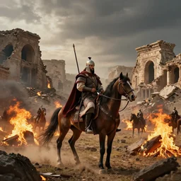 nomadic early medieval Hunnic khan on horseback surrounded by fires and rubble of roman buildings and mostly destroyed roman buildings, volumetric lighting, beautiful scenery, hd, hdr, cinematic 4k wallpaper, 8k, detailed, high resolution, artstation, early medieval, realistic