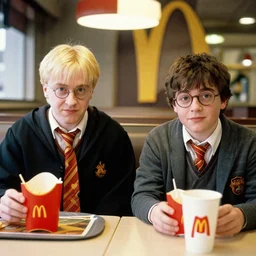 Draco Malfoy and Eddie Munson sitting at a booth in McDonalds, McDonalds interior background, photo