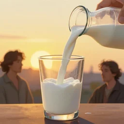 close up of a glass of milk being poured in the morning, subrise, golden hour photo realistic illustration by greg rutkowski, thomas kindkade, alphonse mucha, loish, norman rockwell.