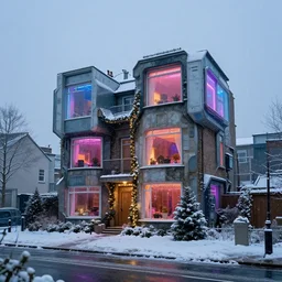 cyberpunk, winter in the snow, Christmas lights, external view of a 5 bedroom detached cyberpunk house in the UK, by Beksinski