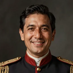 Portrait of a smiling hispanic man wearing a ceremonial uniform, male, cheerful, detailed face, 19th century, highly detailed, cinematic lighting, digital art painting by greg rutkowski