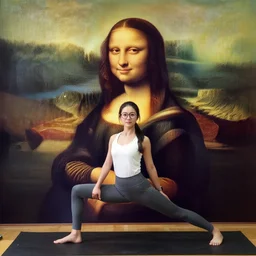 a young woman wearing workout clothes and glasses is doing yoga!, looks like mona lisa, sharp focus, hyper realistic, centered, extremely detailed, wide shot!, a painting by leonardo da vinci