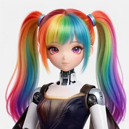 anthropomorphic social bot - anime girl with rainbow pony tails haircut, volumetric, leonard da vinci style