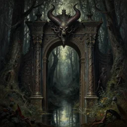a beautiful intricate painting of a gateway to hell in a dark evil fantasy forest, reflections, very high details by william turner art, greg rutkowski and alphonse mucha, trending on artstation, very very detailed, masterpiece,