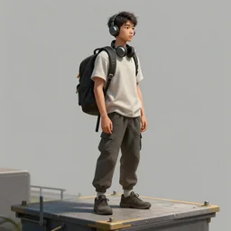an concept art illustration, photorealistic asian boy with backpack and headphone standing on a platform, ultra realistic, style by wlop, trending in artstation, cgsociety, octane render, ultra sharp, concept illustration, digital painting, 8 k