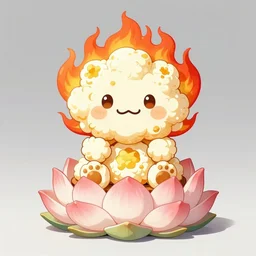 anime style character of a piece of fluffy popcorn with a smiling face and flames for hair, sitting on a lotus flower, clean composition, symmetrical