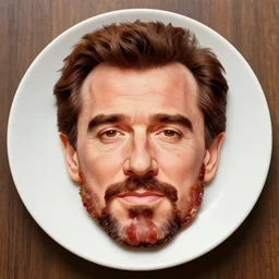kevin bacon's face made of bacon, dish, top view, artstation, digital art