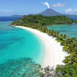 white beaches, turqoise water, coral reefs, lush paradise island, an active volcano is seen in the distance, intricate, hyper detailed, artstation, concept art, smooth, sharp focus, ray tracing, vibrant, photorealistic, by patrick faulwatter, andree wallin, sylvain sarrailh