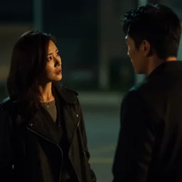 an award winning photo over - the - shoulder shot of a woman and a guy talking in the night, thriller vibe