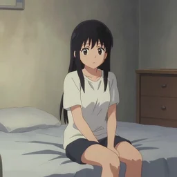 a film still of lone anime girl in white tshirt is sitting on poor bed in pale colors room in dark russian flat, perfect faces, anime, cinestill