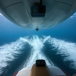 underwater view of boat passing overhead, wake, shot on gopro