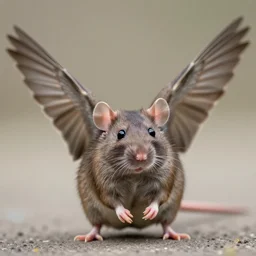 closeup photo, zeiss 3 5 mm photography standing rat, spread sparrow wings, wildlife photography