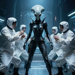 giger alien queen breaking out of cryo and fighting scientists. Sci-fi blockbuster 1990s horror production photograph.