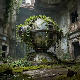 teleportation machine in an abandoned city, with vines growing over it and moss on the floor, as if it's been there for years by dave gibbons
