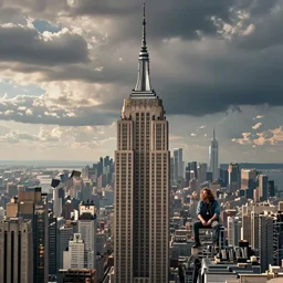eddie vedder sits on top of the empire state building, looking down, unafraid, the view is scary however. professional hd photography