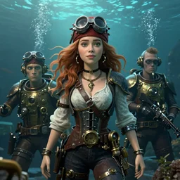 underwater steampunk bioshock pirate portrait of emma stone, pixar style, by tristan eaton stanley artgerm and tom bagshaw.