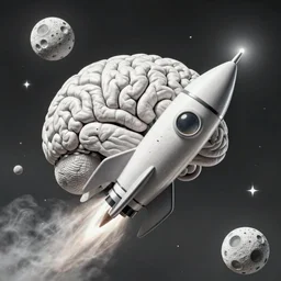 A brain riding a rocketship heading towards the moon, highly detailed, high contrast, beautiful lighting, award winning, trending on art station, 8k