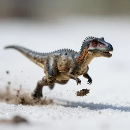 macro photo by national geographic of a tiny muddy dinosaur running very fast in muddy snow, motion blur, tiny gaussian blur, insanely detailed, insanely intricate, depth of field, low contrast, summer, wide aperture, action photography