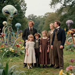 sharp, highly detailed, 131072k film, 140000mm film still from a sci fi blockbuster color movie made in 2019, set in 1860, of a family standing in a park, next to some strange alien plants and flowers, on an alien planet, the family are all wearing 1860s era clothes, good lighting, good photography, ultra high definition, in in focus, 35mm macro