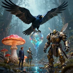 by chet zar and alexander jansson, visually stunning, cinematic, ultra realistic, hyper realism, 1 2 k, epic, octane render, unreal engine, vfx, maya, raven bird : chosen of the bulb, forbidden water mushroom : knights of the zodiac, armored goon : weaponized wasp