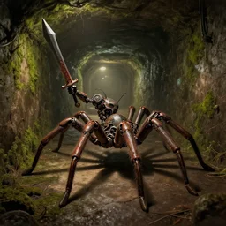 mechanical robot spider in a large dimly lit sewer dungeon wielding a swo 0 rd and shield, mossy walls, long corridor, wide angle shot, ultra detailed, fine drawing, grunge, eldritch horror, hyper real, 4 k, moody lighting, warm colors, shaded, by wlop