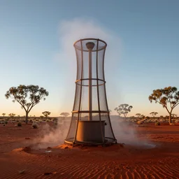 beautiful atmospheric water collector, fog collector tower with net, in the australian red desert