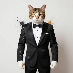 man disguised as a calico cat wearing a tuxedo ripped physique splatterpaint