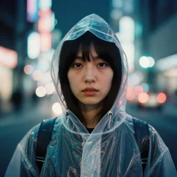 An analog head and shoulder frontal face photography of woman wearing a transparent raincoat with hoodie on by Oleg Oprisco. Aesthetic Tokyo Retro. cyberpunk city night photography city. close up. kodak ektar film. Depth of field. whirl bokeh. detailed. hq. realistic. Moody. Filmic. lens flare. Leica M9, f/1.2, symmetrical balance, in-frame