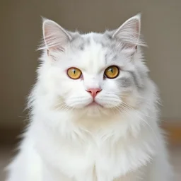Fluffy white and gray cat, yellow eyes, very cute, 4K