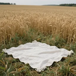 “ a small white linen picnic blanket in the foreground of a grassy prairie scene, golden wheat, muted colours, august, wide shot, f3.5”