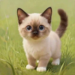a painting of a cute light beige kitten. dark brown ears and face and legs and tail. white paws. tall grass. big eyes. character design by cory loftis, fenghua zhong, ryohei hase, ismail inceoglu and ruan jia. volumetric light, detailed, rendered in octane