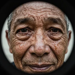 close-up fisheye lens photograph of an old man’s face, deeply wrinkled skin, sad eyes, tears rolling down his cheeks