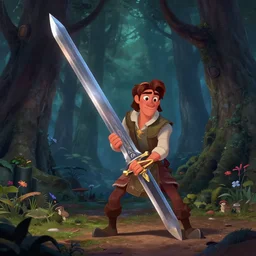 big sword in the fantasy forest, by pixar, disney, dark, albert bierstadt, 4 k
