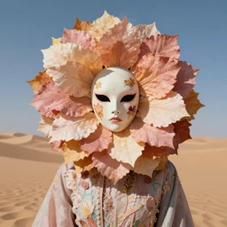 humanoid in flower mask, autumn, stern face, directed gaze, haute couture, editorial photoshoot, pastel colors, vivid, fashion photography, cinematic lightning, sand dunes, desert, ultra realistic, portrait photography, 8 k, hd in the style of h. r. giger.