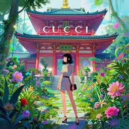 a digital painting of a woman wearing gucci exploring a magical japanese temple, lush plants and flowers, eco - cyberpunk art by james jean, cgsociety, retrofuturism, anime aesthetic, chromatic, iridescent, uhd