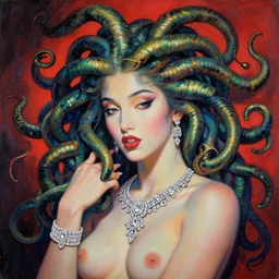 a beautiful painting lovely seductive medusa, jewelry, diamond jewelry. by ukiyo - e award - winning art, andy warhol color, dramatic light, octane render