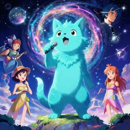 zoom of inspiring cyan spirit pet speaking inspiring speach, fantasy, by inio asano, beeple and james jean, aya takano color style, 4 k, super detailed, night sky, digital art, digital painting, celestial, majestic, colorful