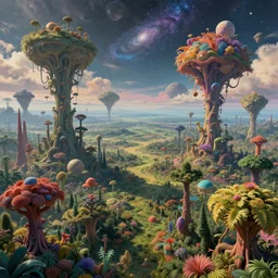 a view of a surreal alien variated planetary fractal landscape with gigantic and small colorful weird trees and flora in a large alien forest scattered across the vast landscapes, surreal clouds, floating islands, 8 k, retro, detailed, vibrant, weird skies, extradimensional, stars, galaxies, atmospheric, trending on artstation