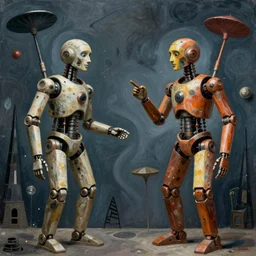 Two extremely tall mechanical beings in a deep conversation. Dali. Yves Tanguy.
