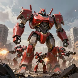squad of giant red & black robots shoots from big guns in the environment of battlefield in destroyed city, render, ray tracing, jakub rozalski art style, dramatic, detailed, artstation,