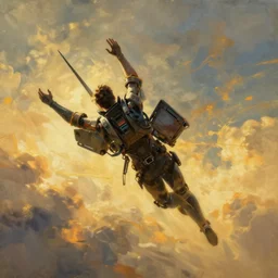 cyberpunk, man flying, levitating, epic pose, atmospheric lighting, painted, intricate, golden hour, ultra detailed by peter gric, giger, enki bilal