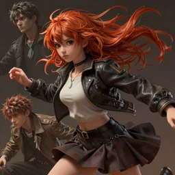 Very complcated dynamic composition, realistic anime style at Pixiv, Zbrush sculpt colored, Octane render in Maya and Houdini VFX, young redhead girl in motion, wearing jacket and skirt, silky hair, black stunning deep eyes. By ilya kuvshinov, krenz cushart, Greg Rutkowski, trending on artstation. Amazing textured brush strokes. Cinematic dramatic soft volumetric studio lighting