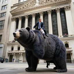 a business man riding a giant bear on wall street