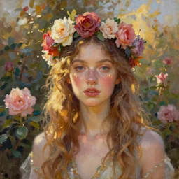 young hippie queen in flower and thorn crown in rose garden portrait painting study, slim face, glowy dreamy golden sunset, oil on canvas, loose brushwork, featured trending on artstation