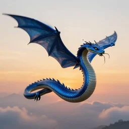 blue serpent dragon flying through the sky, sunrise, 8k,