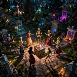 skeletons have a night party at the cemetery, with drinks and food. The cemetery is decorated with colorful lights. They are dancing. As photograph. Cinematic. High angle. Overhead shot.