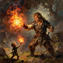 beautiful painting of a very short and small male halfing bard from pathfinder, casting fireball, painted by greg rutkowski