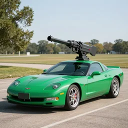 a polo green 1 9 9 6 corvette with a machinegun turret