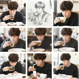 a collection of vacation photos of byun baekhyun drinking tea in a cafe in downtown new york, sketching and photography, color restoration, stylistic blur